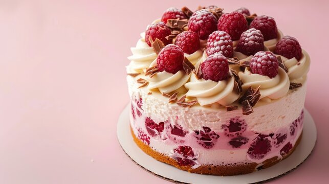 fresh raspberry and white chocolate cake on a light pink background, inviting and perfect for sweet text