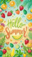 Wall Mural - Colorful Graffiti Hello Summer Illustration Featuring Watermelon, Strawberries, and Citrus Fruit. Generative AI