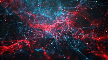 Complex web of neon red and blue fibers sprawling across a deep black canvas, designed for dynamic text overlays