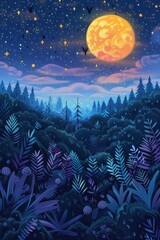 Wall Mural - Nighttime Forest with a Full Moon