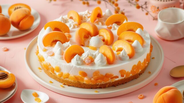 gourmet apricot and cream cake with apricot slices on a pastel apricot background, elegant and perfect for sophisticated text