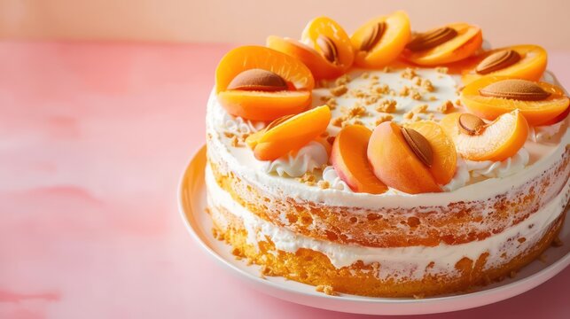 gourmet apricot and cream cake with apricot slices on a pastel apricot background, elegant and perfect for sophisticated text