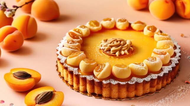 gourmet apricot and frangipane cake with apricot halves on a pastel orange background, elegant and perfect for sophisticated text