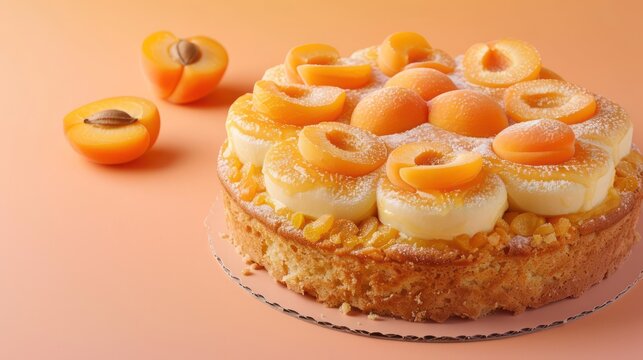 gourmet apricot and frangipane cake with apricot halves on a pastel orange background, elegant and perfect for sophisticated text