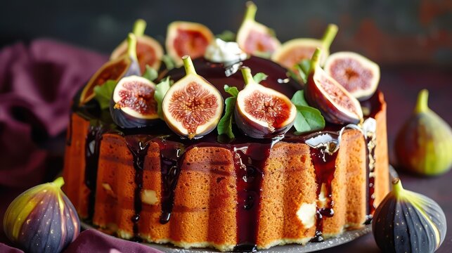 gourmet balsamic fig and mascarpone cake with fresh figs on a rich burgundy background, elegant and perfect for refined text