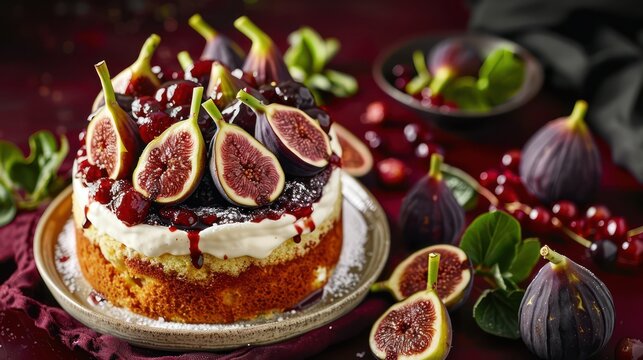 gourmet balsamic fig and mascarpone cake with fresh figs on a rich burgundy background, elegant and perfect for refined text