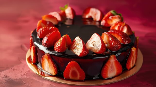 gourmet balsamic strawberry cake with fresh strawberries and a balsamic reduction on a deep red background, rich and perfect for sophisticated events