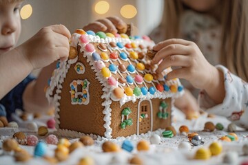 two children playing with a gingerbread house