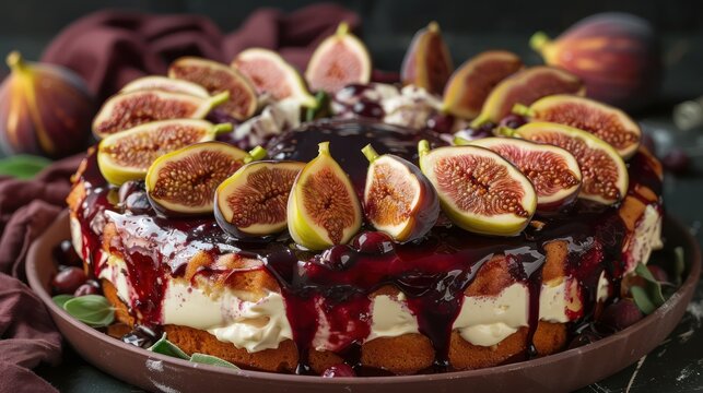 gourmet balsamic fig and mascarpone cake with fresh figs on a rich burgundy background, elegant and perfect for refined text