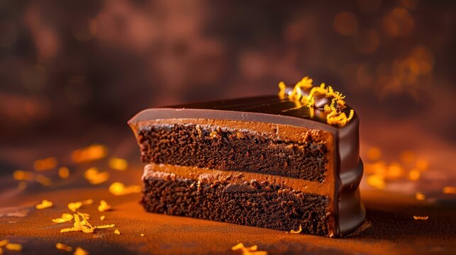 gourmet bittersweet chocolate cake with orange zest on a deep sunset orange background, sophisticated and perfect for text