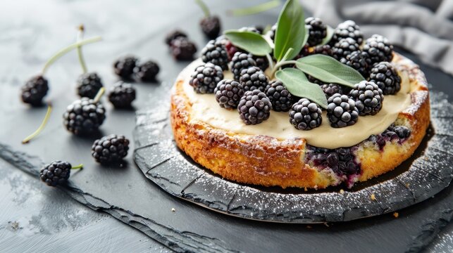 gourmet blackberry and sage cake with fresh blackberries on a slate gray background, sophisticated and perfect for refined text