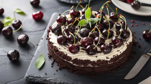 gourmet black forest gateau with dark cherries on a cool slate background, chic and perfect for rich text