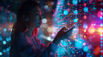 In a nighttime office environment, a woman with a tech overlay on her phone conducts finance research, data analytics, or digital tasks. She embodies expertise in cybersecurity or fintech