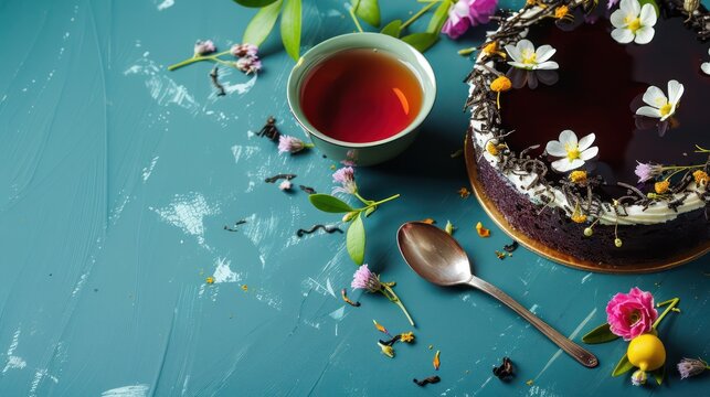 gourmet black tea and bergamot cake with edible flowers on a deep teal background, sophisticated and perfect for elegant text
