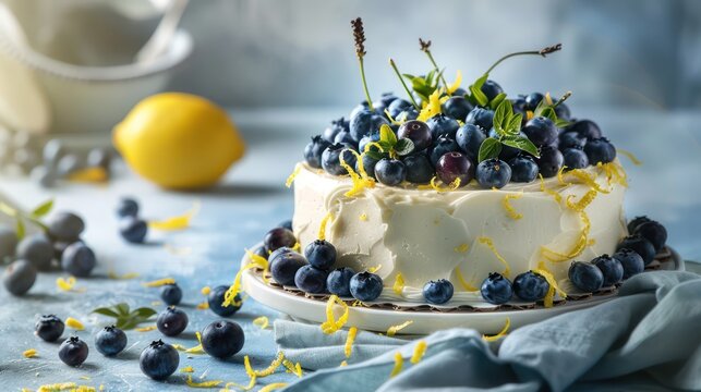 gourmet blueberry and lemon cake with fresh blueberries and lemon zest on a light blue background, refreshing and perfect for spring events