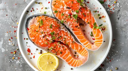 Canvas Print - Top down view of salmon steaks with seasoning lemon and pink salt on a white plate ideal for a keto diet