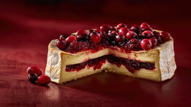 gourmet brie and cranberry cake with cranberry compote on a deep red background, rich and perfect for gourmet text