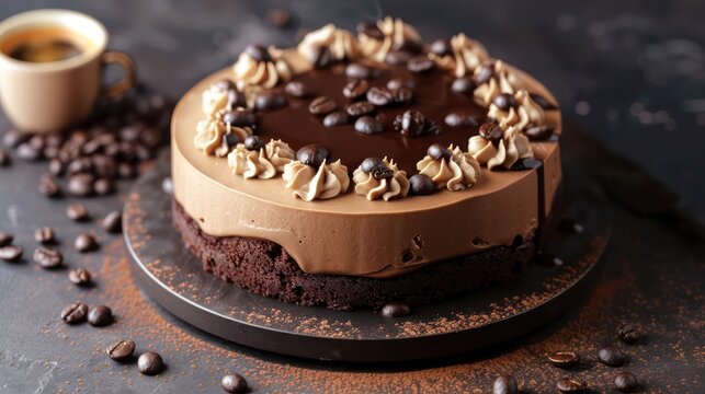 gourmet chocolate and espresso cake with coffee beans on a dark espresso background, sophisticated and perfect for coffee lovers