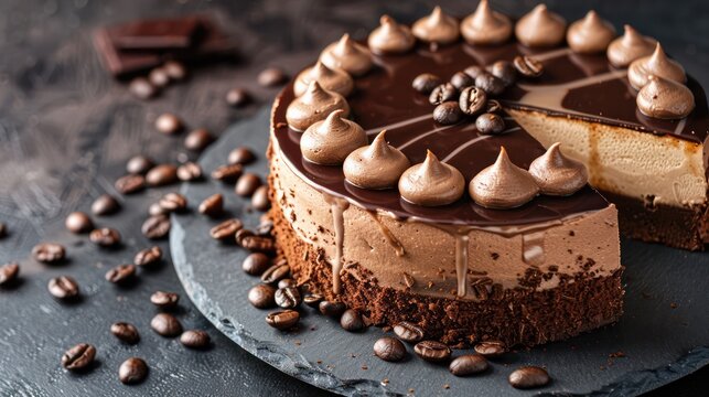 gourmet chocolate and espresso cake with coffee beans on a dark espresso background, sophisticated and perfect for coffee lovers