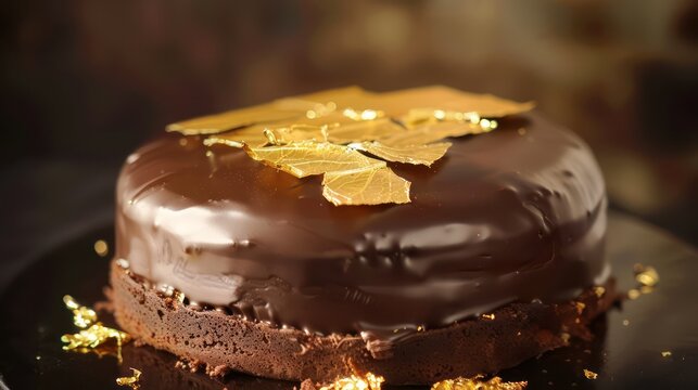 gourmet chocolate and gold cake with edible gold leaf on a deep chocolate background, luxurious for sophisticated text