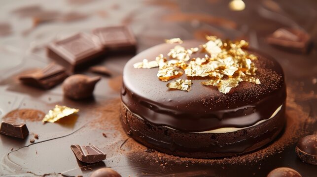 gourmet chocolate and gold cake with edible gold leaf on a deep chocolate background, luxurious for sophisticated text