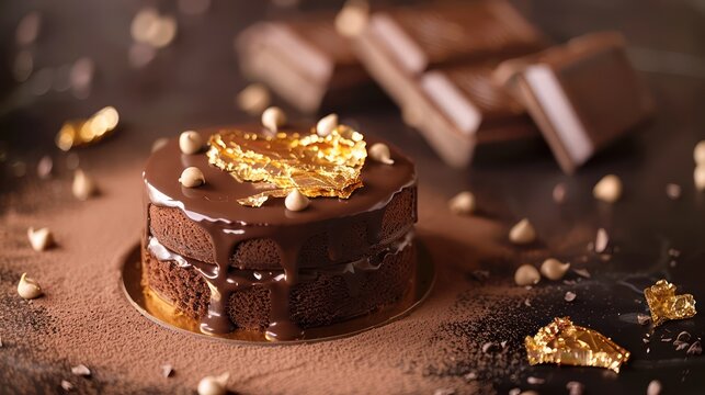 gourmet chocolate and gold cake with edible gold leaf on a deep chocolate background, luxurious for sophisticated text