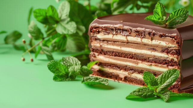 gourmet chocolate and mint layer cake with mint leaves on a cool mint green background, sophisticated and perfect for refreshing text