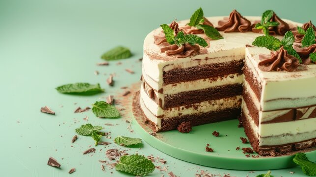 gourmet chocolate and mint layer cake with mint leaves on a cool mint green background, sophisticated and perfect for refreshing text