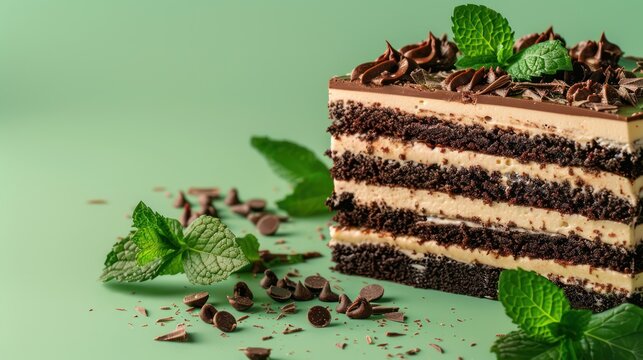 gourmet chocolate and mint layer cake with mint leaves on a cool mint green background, sophisticated and perfect for refreshing text