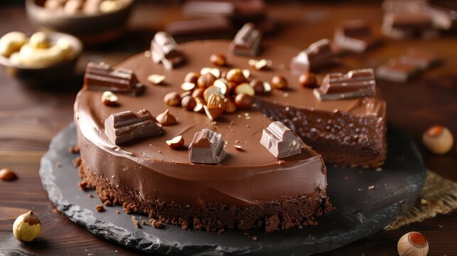 gourmet chocolate hazelnut cake with hazelnut pieces on a rich cocoa background, perfect for nutty text