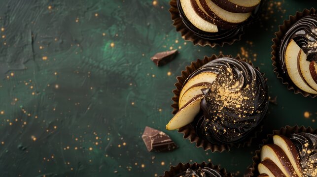 gourmet dark chocolate and pear cake with gold dust on a rich forest green background, luxurious for sophisticated text