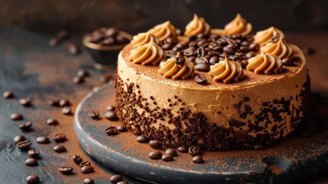 gourmet espresso cake with coffee beans on a deep espresso background, ideal for coffee lovers' text
