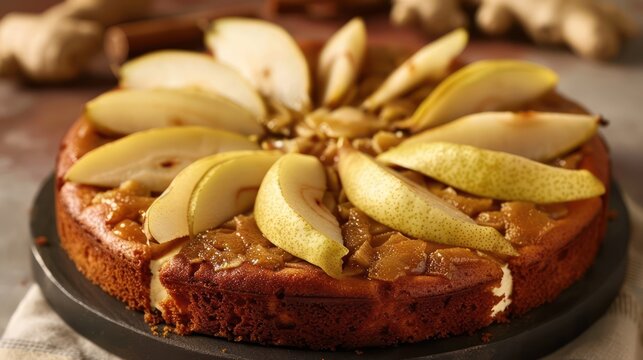 gourmet ginger and pear cake with sliced pear topping on a soft ginger background, sophisticated and perfect for elegant text