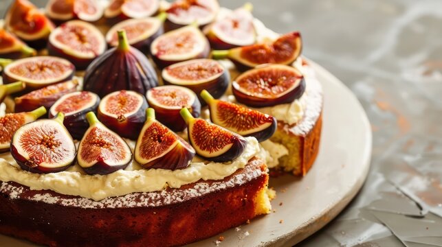 gourmet fig and ricotta cake on a warm taupe background, sophisticated and perfect for artisanal text