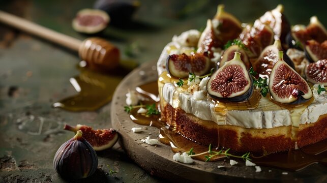 gourmet goat cheese and fig cake with honey drizzle on a deep olive background, sophisticated and perfect for artisanal text