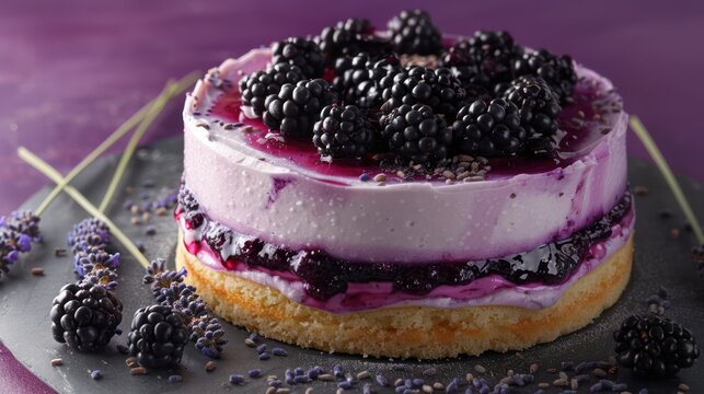 gourmet lavender and blackberry cake with blackberry compote on a deep purple background, sophisticated and perfect for elegant text