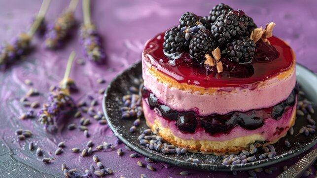 gourmet lavender and blackberry cake with blackberry compote on a deep purple background, sophisticated and perfect for elegant text