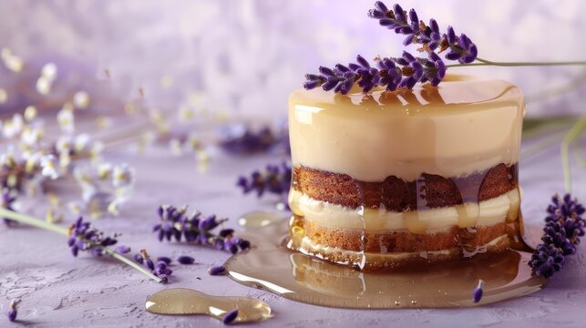 gourmet lavender and honey cake with lavender sprigs on a soft violet background, chic and perfect for elegant text