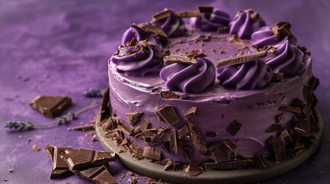 gourmet lavender and chocolate cake with chocolate shards on a deep lavender background, sophisticated and perfect for elegant text