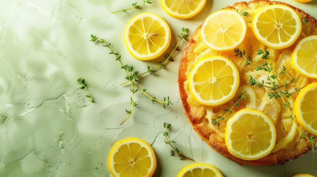 gourmet lemon and thyme cake with lemon slices on a soft thyme green background, sophisticated and perfect for fresh text