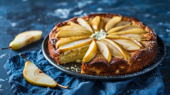 gourmet pear and gorgonzola cake with pear slices on a deep blue background, sophisticated and perfect for unique text