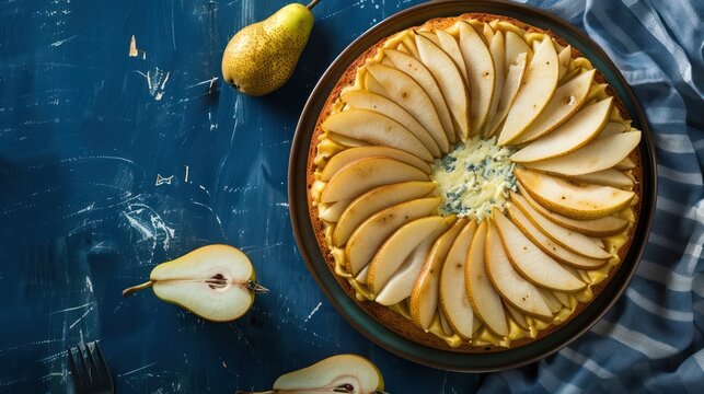 gourmet pear and gorgonzola cake with pear slices on a deep blue background, sophisticated and perfect for unique text
