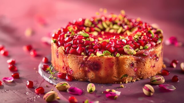 gourmet pomegranate and pistachio cake with edible petals on a rich magenta background, luxurious for vibrant text