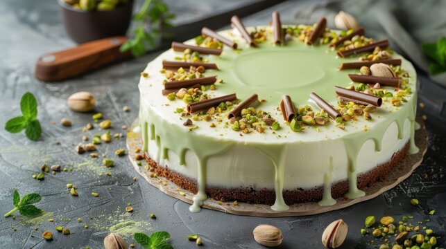 gourmet pistachio and white chocolate cake with crushed pistachios on a mint background, sophisticated and perfect for refined tastes