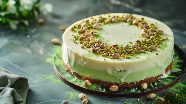 gourmet pistachio and white chocolate cake with crushed pistachios on a mint background, sophisticated and perfect for refined tastes