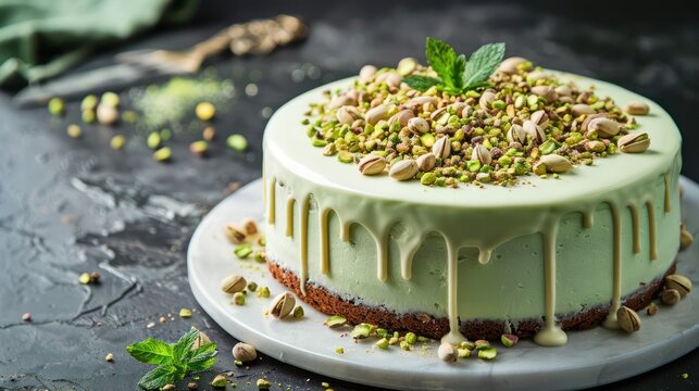 gourmet pistachio and white chocolate cake with crushed pistachios on a mint background, sophisticated and perfect for refined tastes
