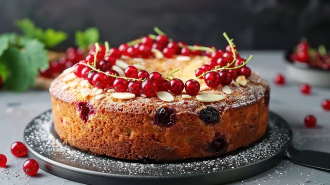 gourmet red currant and almond cake with fresh currants on a deep almond background, rich and perfect for sophisticated text