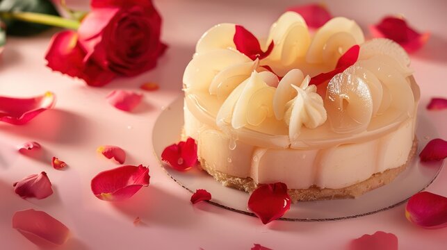 gourmet rose and lychee cake with rose petals on a soft pink background, elegant and perfect for sophisticated text