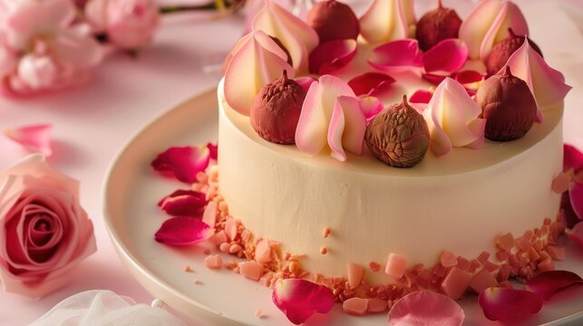 gourmet rose and lychee cake with pink rose petals and lychee fruit on a soft pink background, elegant and perfect for sophisticated events
