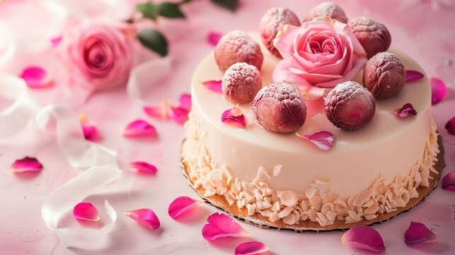 gourmet rose and lychee cake with pink rose petals and lychee fruit on a soft pink background, elegant and perfect for sophisticated events
